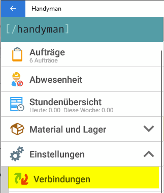 Connections settings in Handyman Mobile