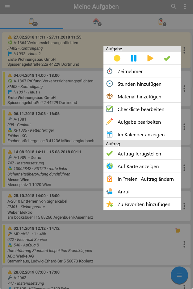 Order overview — quick actions menu
