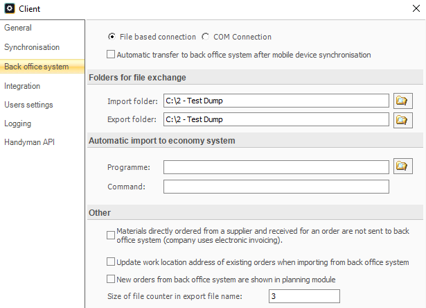 ERP integration settings