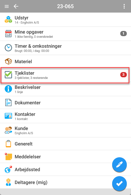 Checklisten-Bereich in einem Auftrag