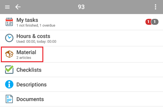 Materialien-Bereich in Handyman Mobile
