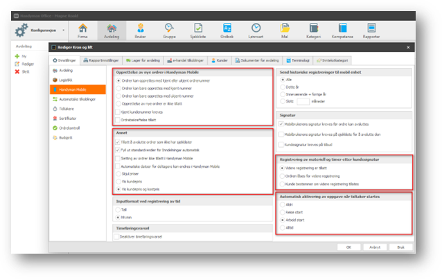 Handyman Mobile settings per department