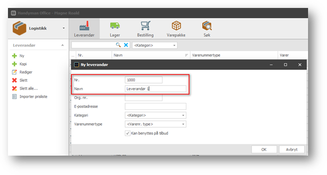New supplier dialog in Handyman Office