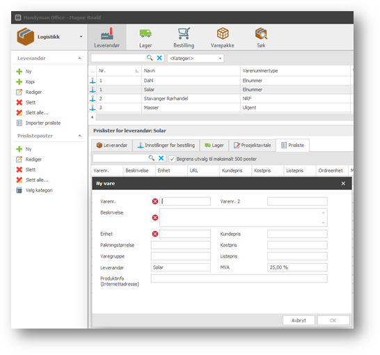 New item dialog in Handyman Office